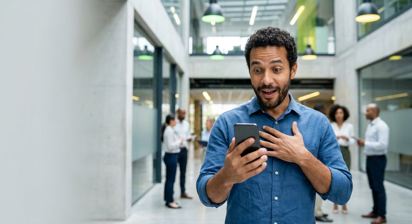 Homem em ambiente de trabalho consultando o celular