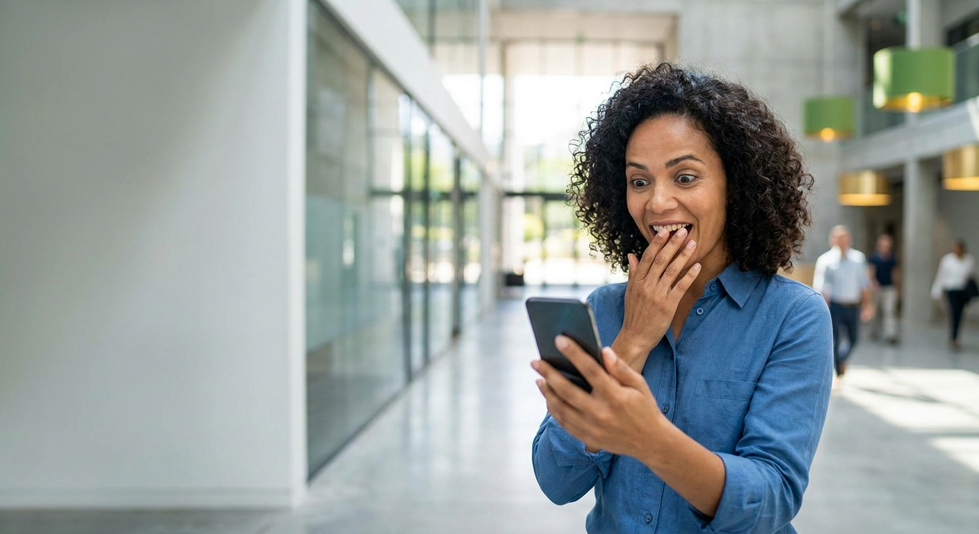 Mulher em ambiente de trabalho consultando o celular